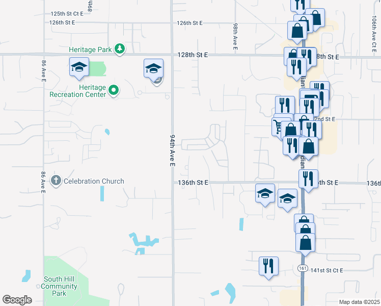map of restaurants, bars, coffee shops, grocery stores, and more near 9412 134th Street East in Puyallup