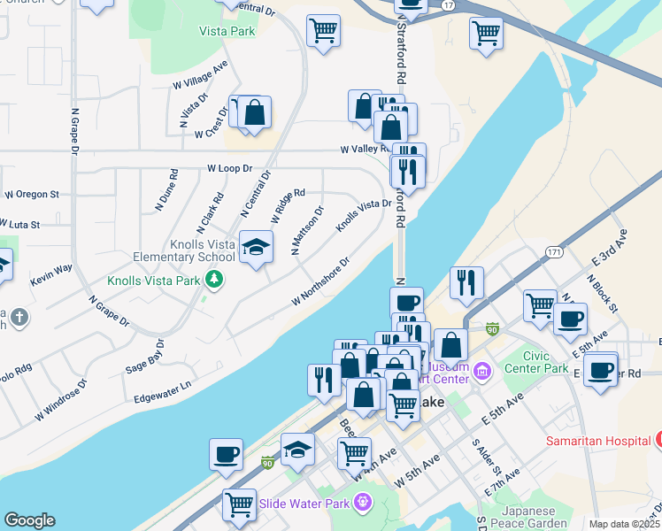 map of restaurants, bars, coffee shops, grocery stores, and more near 232 West Northshore Drive in Moses Lake