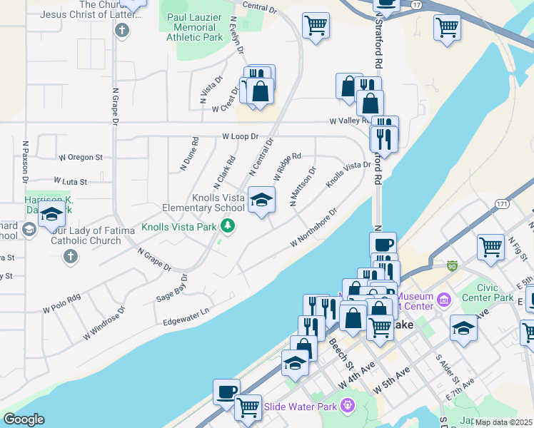map of restaurants, bars, coffee shops, grocery stores, and more near 454 West Ridge Road in Moses Lake