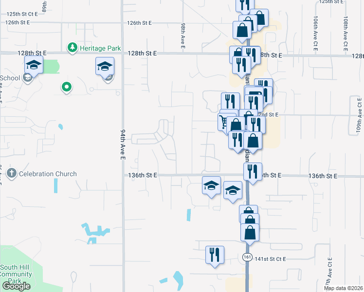 map of restaurants, bars, coffee shops, grocery stores, and more near 13418 97th Avenue East in Puyallup