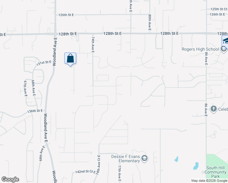map of restaurants, bars, coffee shops, grocery stores, and more near 13412 76th Avenue Court East in Puyallup