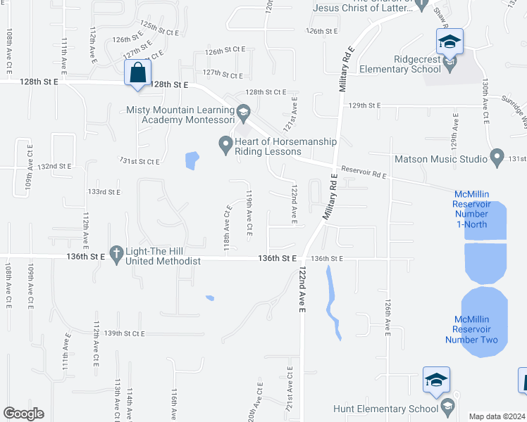 map of restaurants, bars, coffee shops, grocery stores, and more near 13310 120th Avenue East in Puyallup