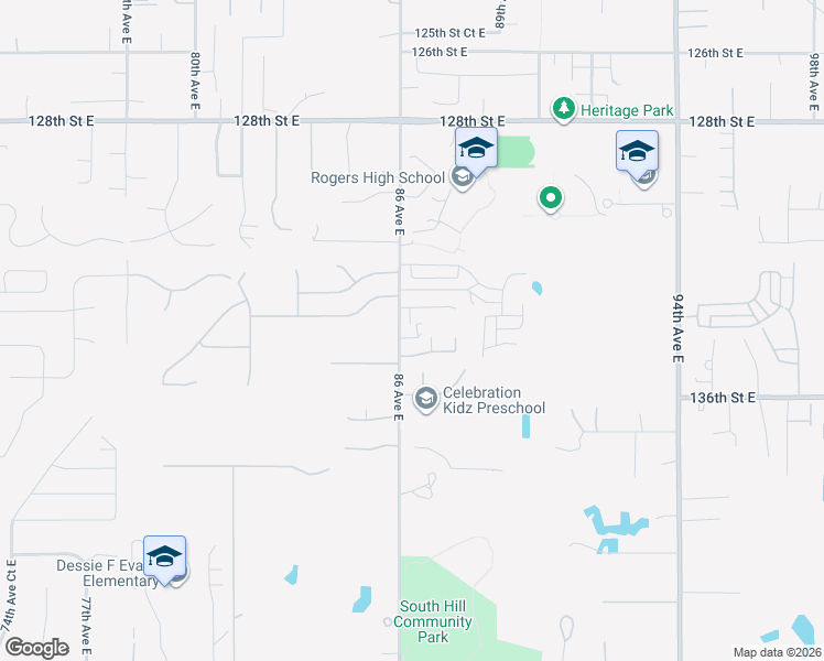 map of restaurants, bars, coffee shops, grocery stores, and more near 8604 133rd Street Court East in Puyallup