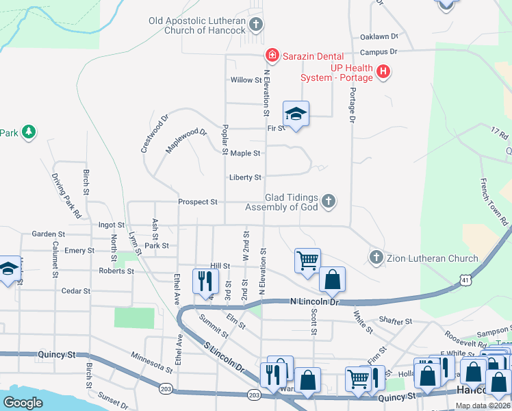 map of restaurants, bars, coffee shops, grocery stores, and more near 1080 North Elevation Street in Hancock