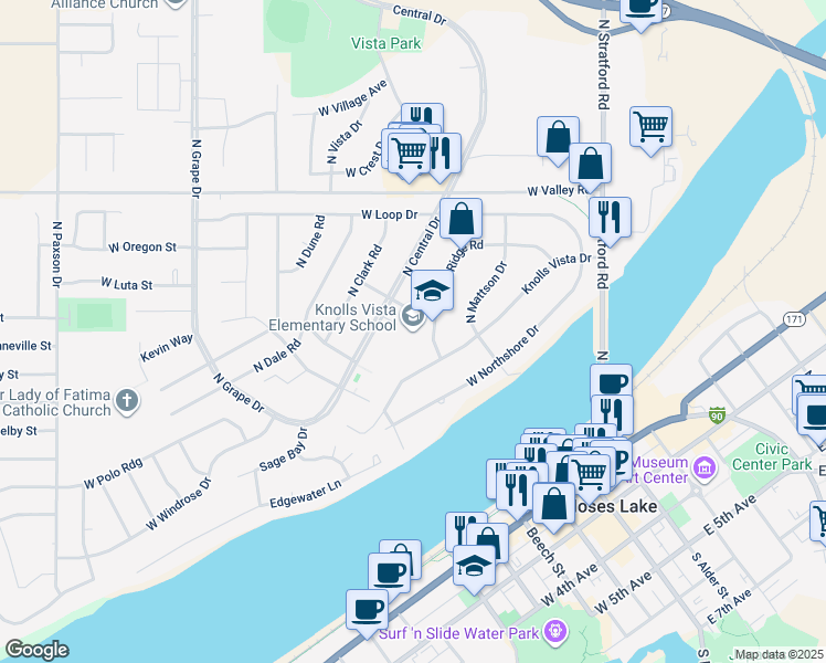 map of restaurants, bars, coffee shops, grocery stores, and more near 454 West Ridge Road in Moses Lake