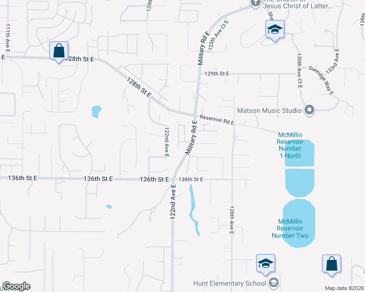 map of restaurants, bars, coffee shops, grocery stores, and more near 12401 134th Street Court East in Puyallup