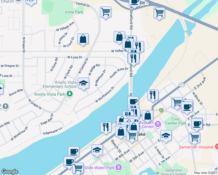 map of restaurants, bars, coffee shops, grocery stores, and more near 232 West Northshore Drive in Moses Lake
