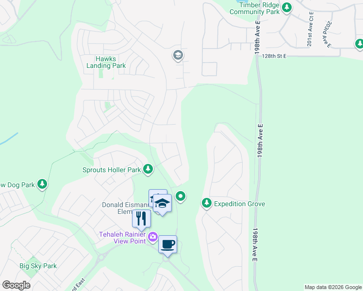 map of restaurants, bars, coffee shops, grocery stores, and more near 13409 193rd Avenue East in Bonney Lake