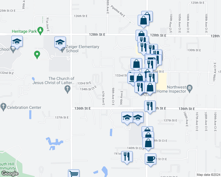 map of restaurants, bars, coffee shops, grocery stores, and more near 13412 98th Avenue Court East in Puyallup
