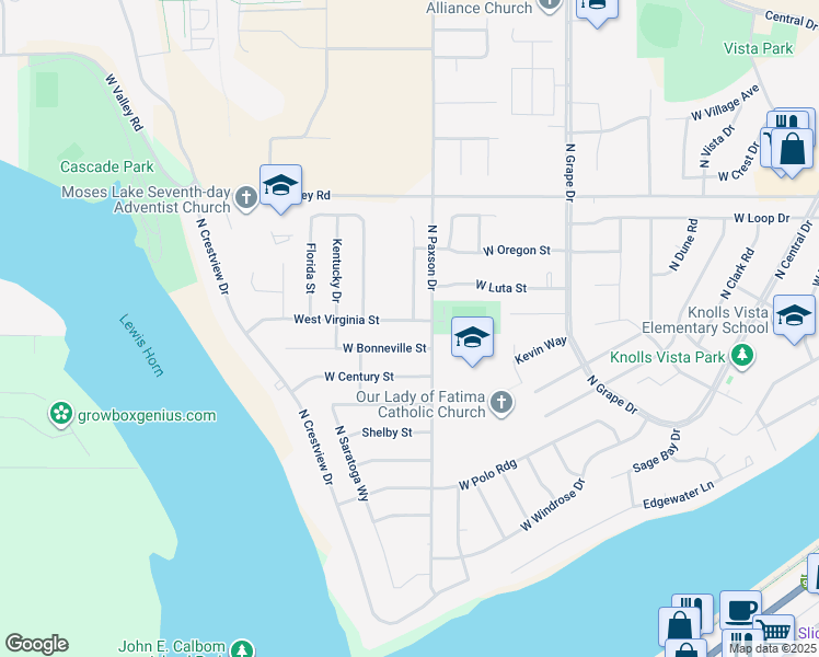 map of restaurants, bars, coffee shops, grocery stores, and more near 1316 West Bonneville Street in Moses Lake