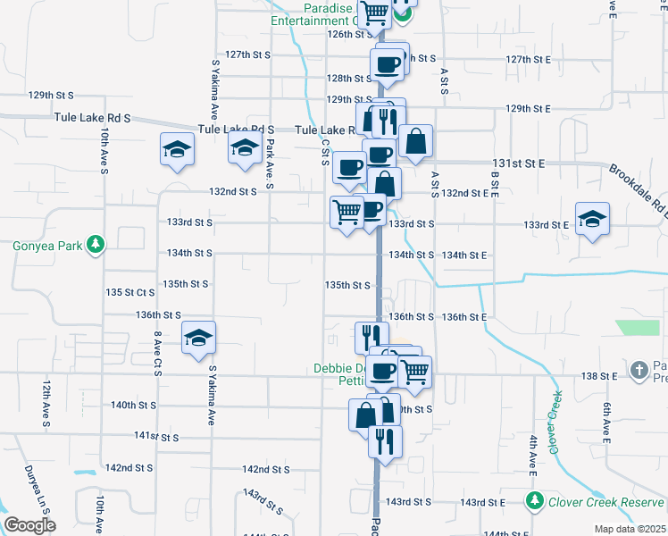 map of restaurants, bars, coffee shops, grocery stores, and more near 13411 C Street South in Tacoma