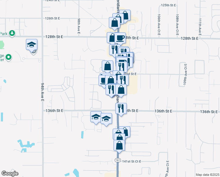 map of restaurants, bars, coffee shops, grocery stores, and more near 13308 Meridian East in Puyallup