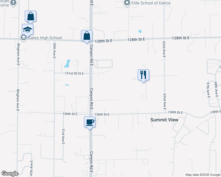 map of restaurants, bars, coffee shops, grocery stores, and more near 13415 Canyon Road East in Puyallup