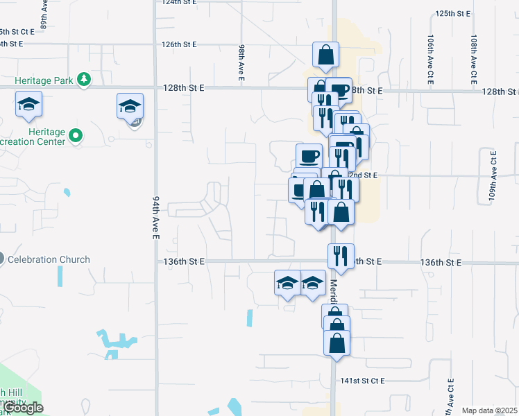 map of restaurants, bars, coffee shops, grocery stores, and more near 13412 98th Avenue Court East in Puyallup