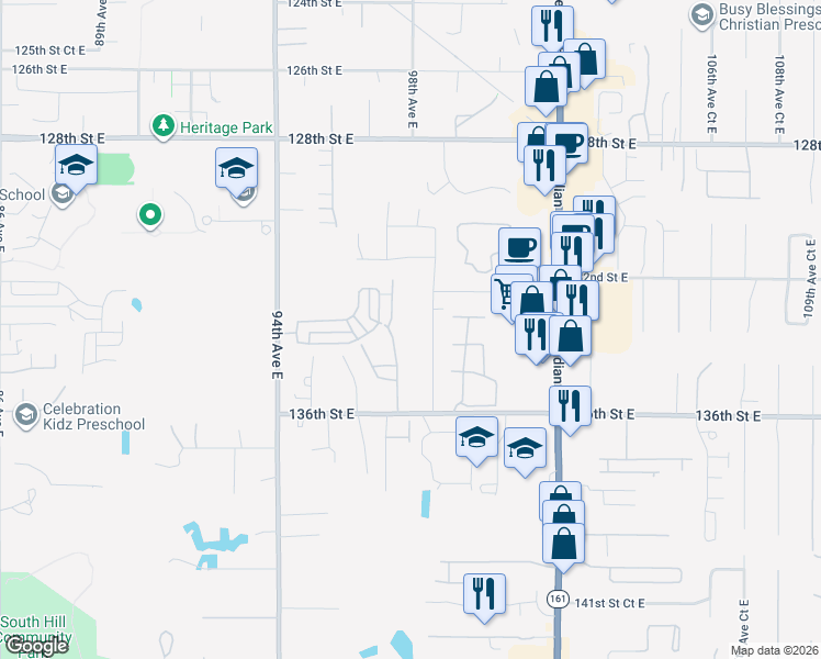 map of restaurants, bars, coffee shops, grocery stores, and more near 13418 97th Avenue East in Puyallup