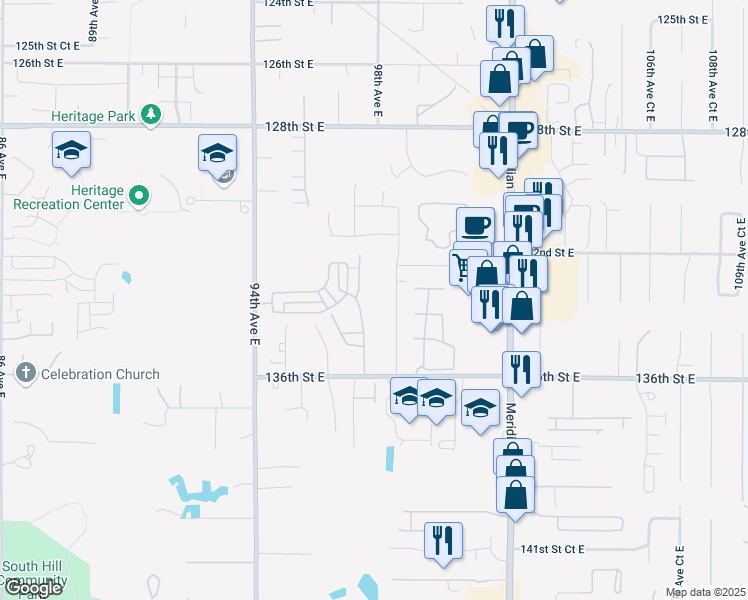 map of restaurants, bars, coffee shops, grocery stores, and more near 13418 97th Avenue East in Puyallup