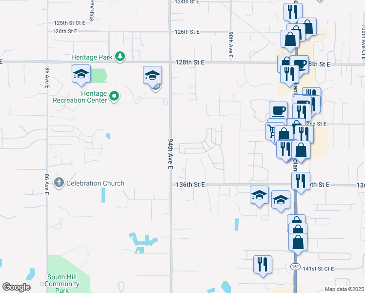 map of restaurants, bars, coffee shops, grocery stores, and more near 9412 134th Street East in Puyallup