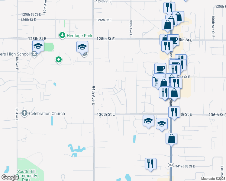 map of restaurants, bars, coffee shops, grocery stores, and more near 13208 96th Avenue Court East in Puyallup