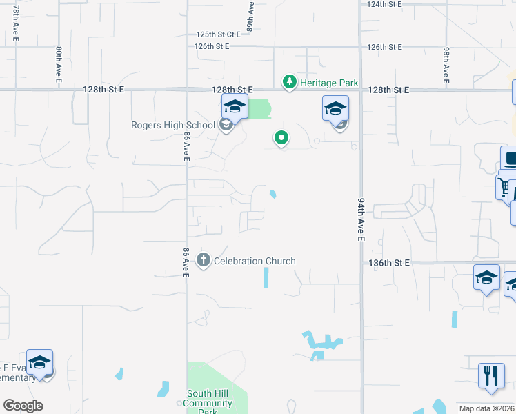 map of restaurants, bars, coffee shops, grocery stores, and more near 8919 133rd Street Court East in Puyallup