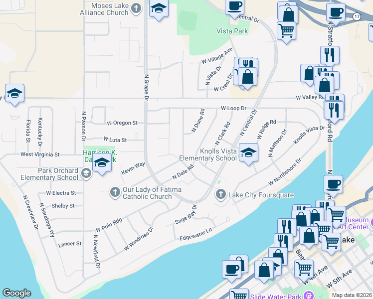 map of restaurants, bars, coffee shops, grocery stores, and more near 431 North Earl Road in Moses Lake