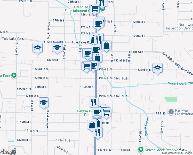 map of restaurants, bars, coffee shops, grocery stores, and more near 13311 Pacific Avenue South in Tacoma