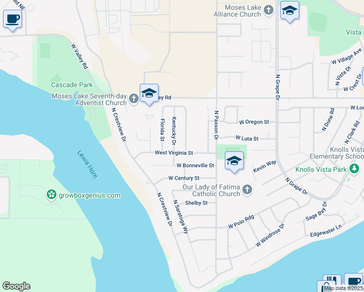 map of restaurants, bars, coffee shops, grocery stores, and more near 514 North Mississippi Drive in Moses Lake