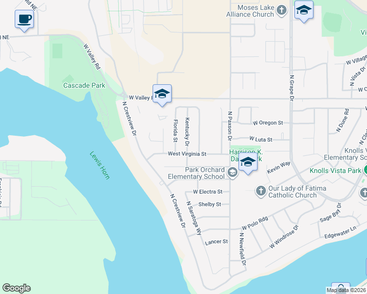 map of restaurants, bars, coffee shops, grocery stores, and more near 506 Kentucky Drive in Moses Lake