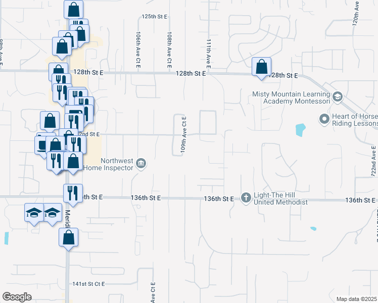 map of restaurants, bars, coffee shops, grocery stores, and more near 13303 109th Avenue Court East in Puyallup