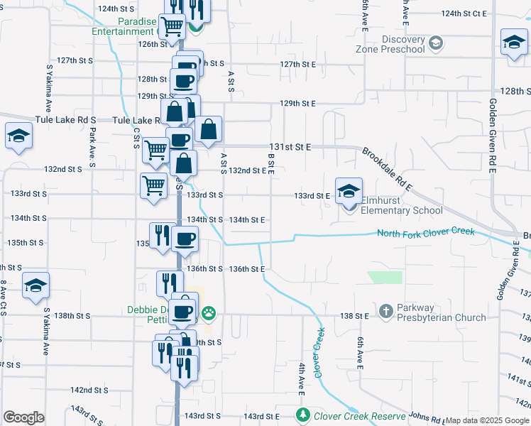 map of restaurants, bars, coffee shops, grocery stores, and more near 173 134th Street East in Tacoma