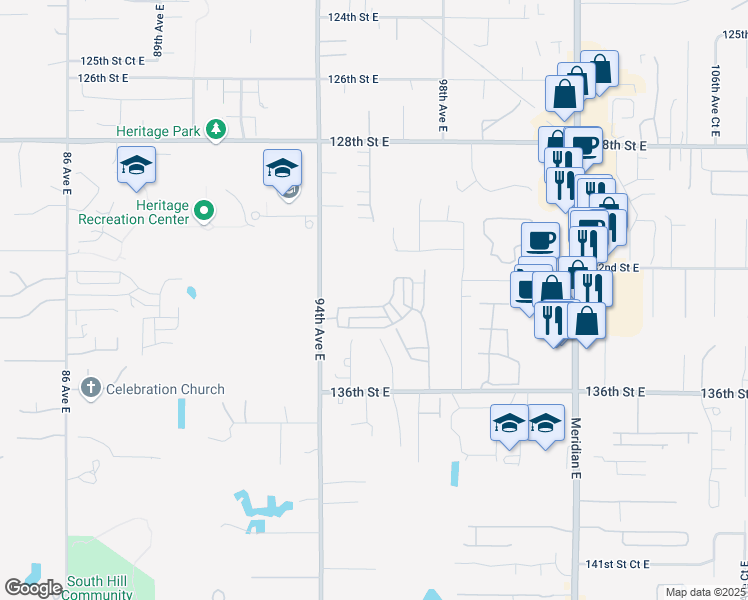 map of restaurants, bars, coffee shops, grocery stores, and more near 9519 133rd Street East in Puyallup