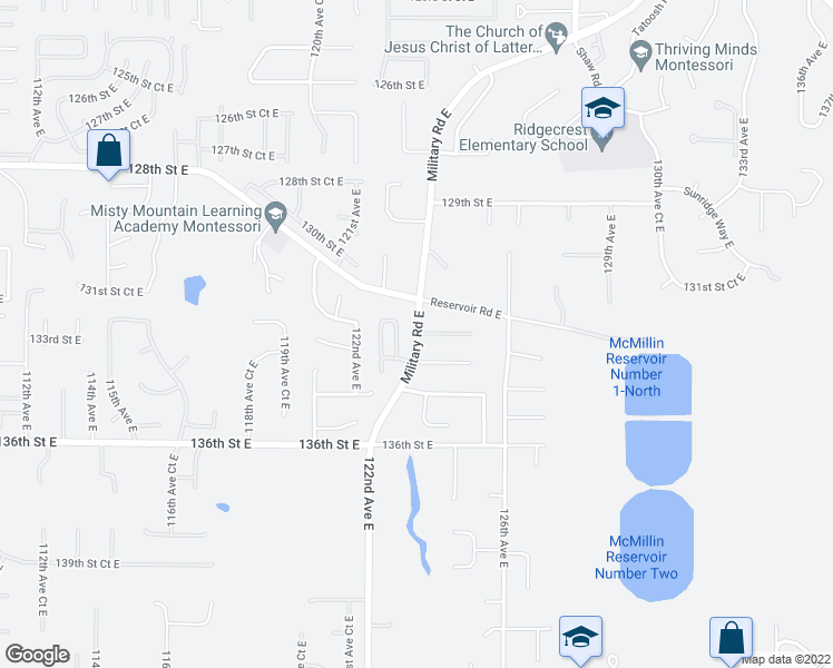 map of restaurants, bars, coffee shops, grocery stores, and more near Military Rd E & 132nd St Ct E in South Hill
