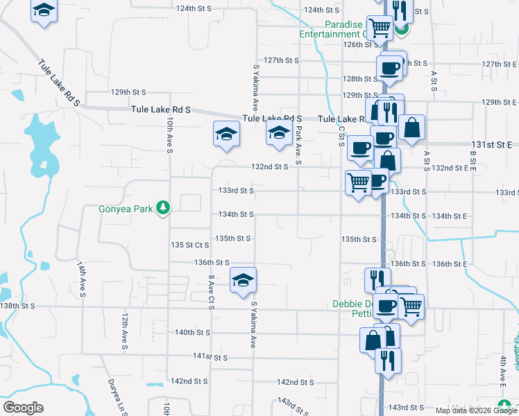map of restaurants, bars, coffee shops, grocery stores, and more near 708 133rd Street South in Tacoma