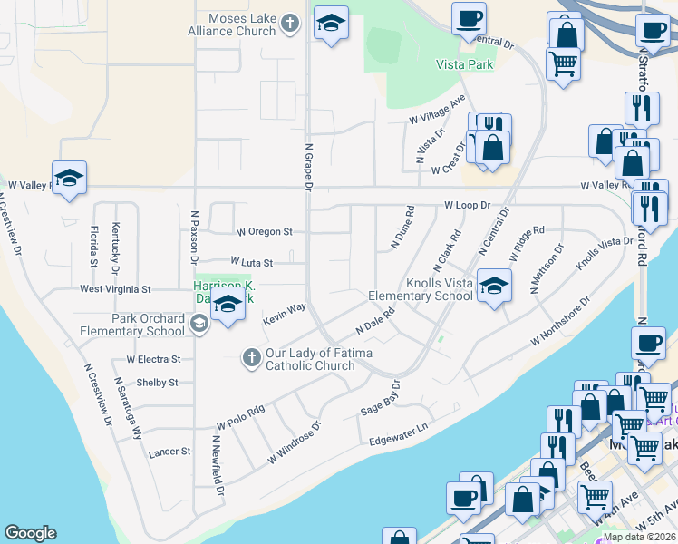 map of restaurants, bars, coffee shops, grocery stores, and more near 432 North Earl Road in Moses Lake