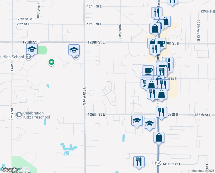 map of restaurants, bars, coffee shops, grocery stores, and more near 13208 96th Avenue Court East in Puyallup