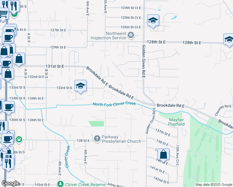 map of restaurants, bars, coffee shops, grocery stores, and more near 905 133rd Street East in Tacoma