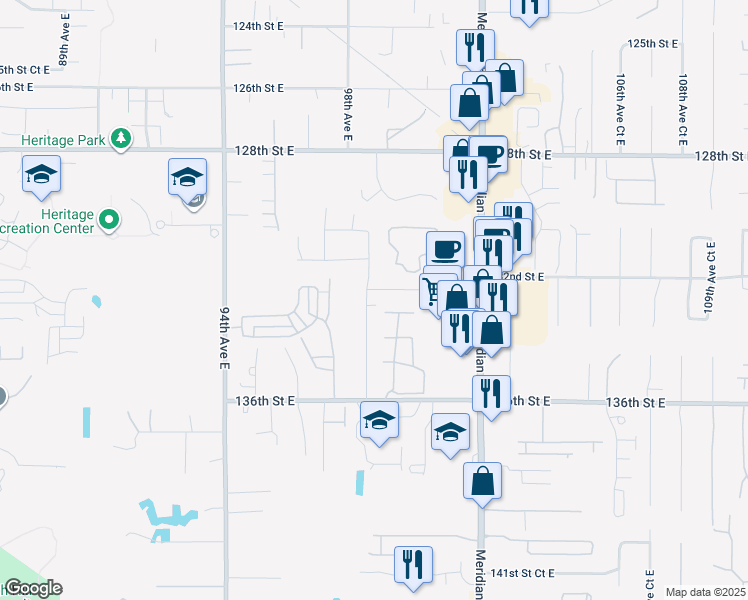 map of restaurants, bars, coffee shops, grocery stores, and more near 13215 98th Avenue Court East in Puyallup