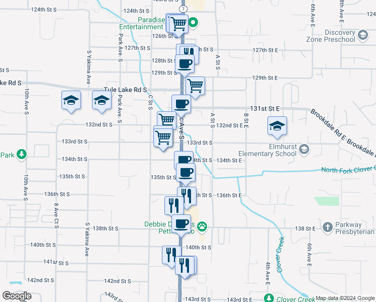map of restaurants, bars, coffee shops, grocery stores, and more near 13301-13311 Pacific Ave S in Parkland