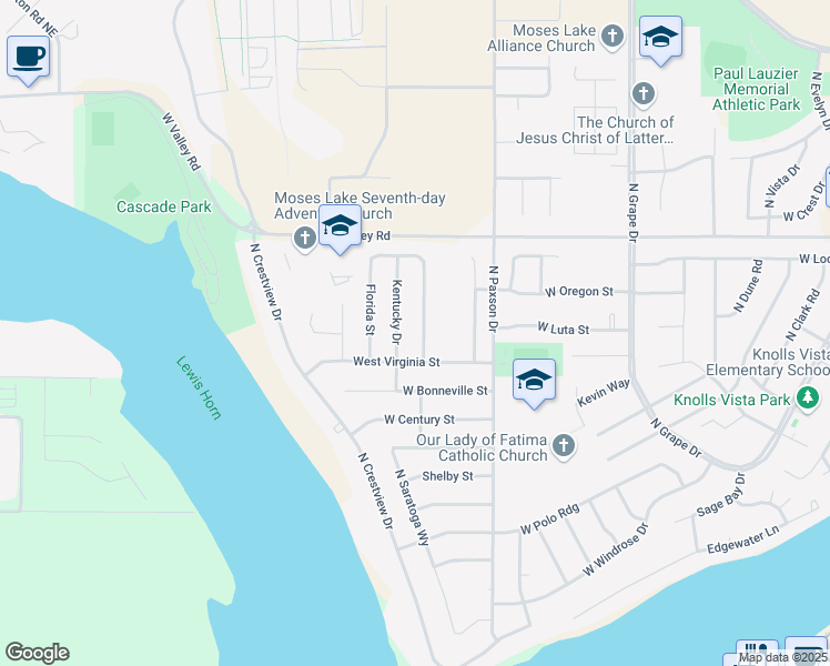 map of restaurants, bars, coffee shops, grocery stores, and more near 514 North Mississippi Drive in Moses Lake