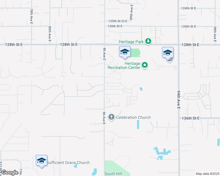 map of restaurants, bars, coffee shops, grocery stores, and more near 8613 133rd Street East in Puyallup