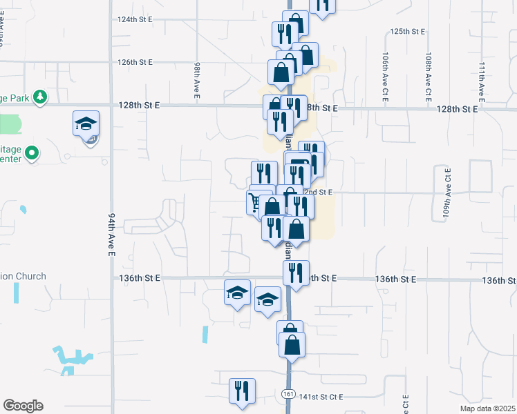 map of restaurants, bars, coffee shops, grocery stores, and more near 9920 132nd Street Court East in Puyallup