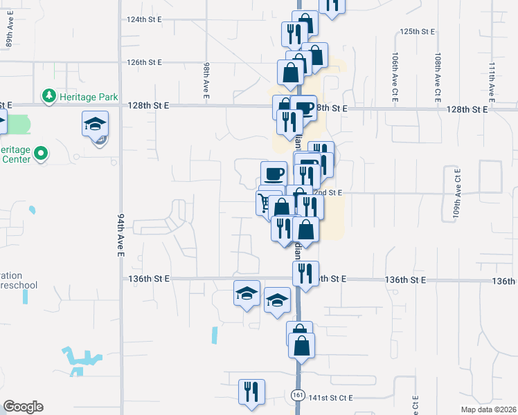map of restaurants, bars, coffee shops, grocery stores, and more near 9910 132nd Street Court East in Puyallup