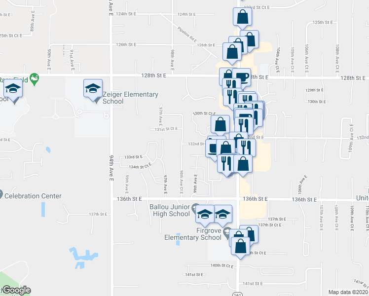 map of restaurants, bars, coffee shops, grocery stores, and more near 13215 98th Avenue Court East in Puyallup