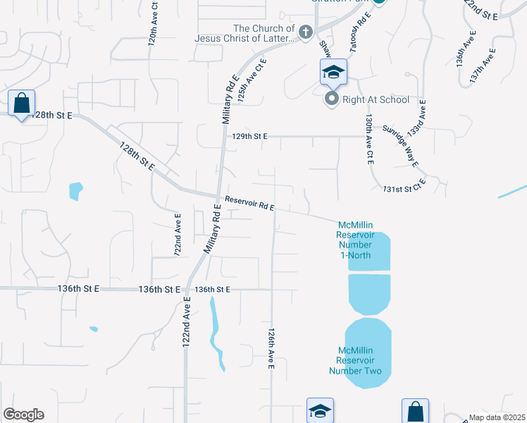 map of restaurants, bars, coffee shops, grocery stores, and more near 12518 Reservoir Road East in Puyallup
