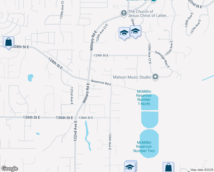 map of restaurants, bars, coffee shops, grocery stores, and more near 12518 Reservoir Road East in Puyallup