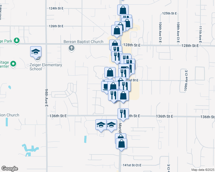 map of restaurants, bars, coffee shops, grocery stores, and more near 9920 132nd Street Court East in Puyallup