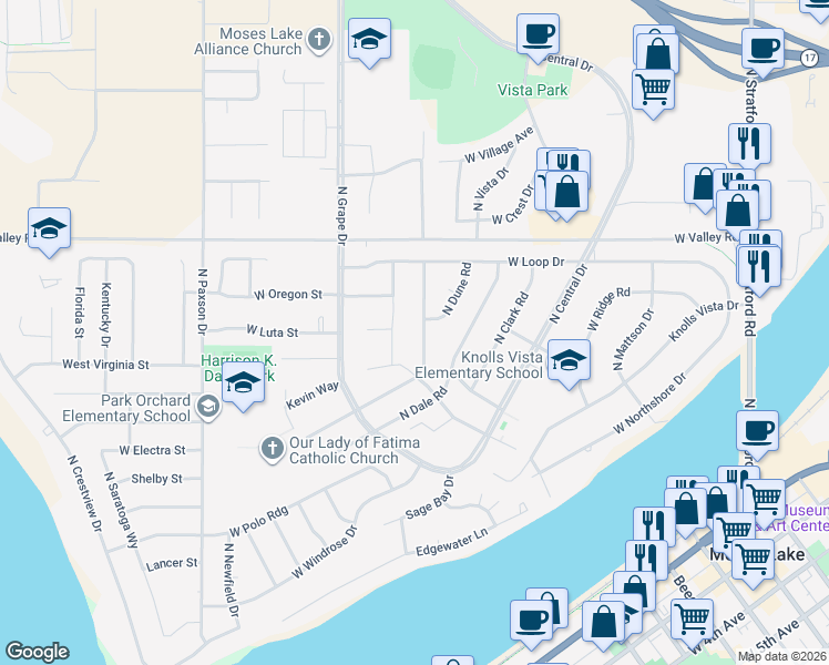 map of restaurants, bars, coffee shops, grocery stores, and more near 432 North Earl Road in Moses Lake