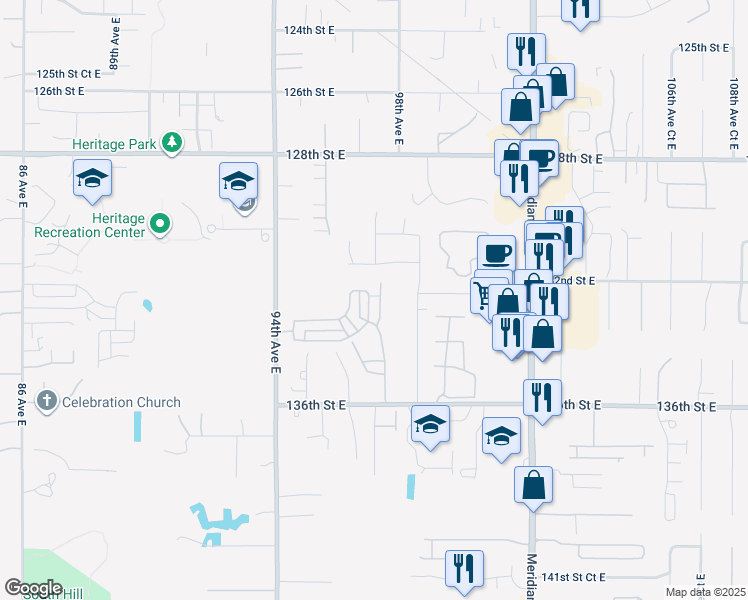 map of restaurants, bars, coffee shops, grocery stores, and more near 13211 97th Avenue East in Puyallup
