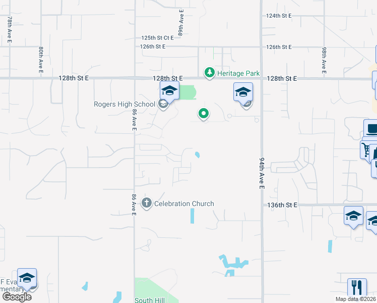 map of restaurants, bars, coffee shops, grocery stores, and more near 13133 89th Avenue East in Puyallup