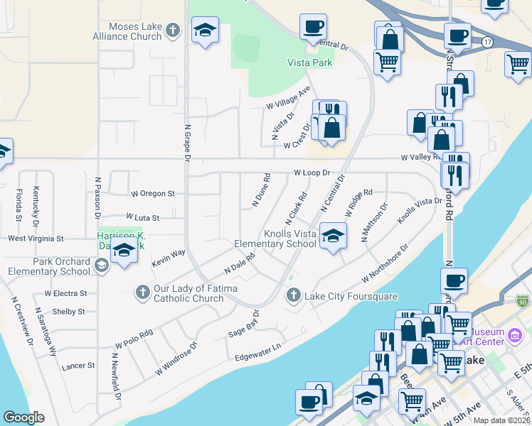 map of restaurants, bars, coffee shops, grocery stores, and more near 456 North Dale Road in Moses Lake
