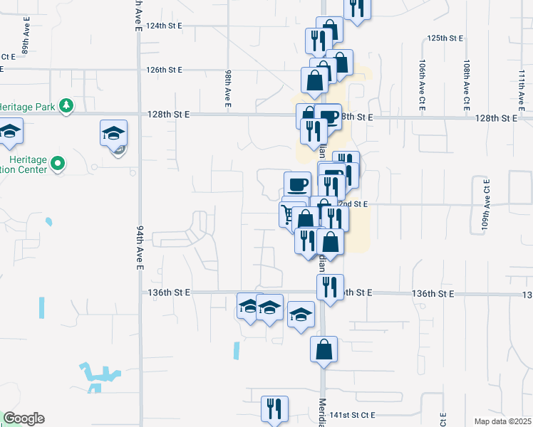 map of restaurants, bars, coffee shops, grocery stores, and more near 9818 132nd Street Court East in Puyallup